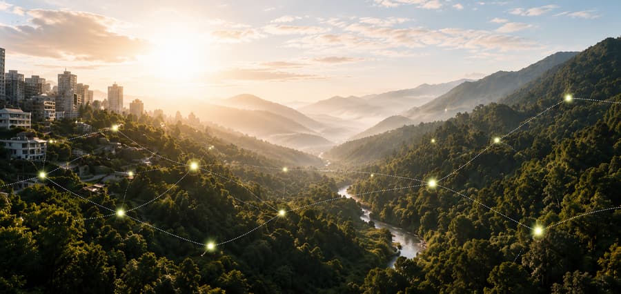 A city dissolving into a forested valley