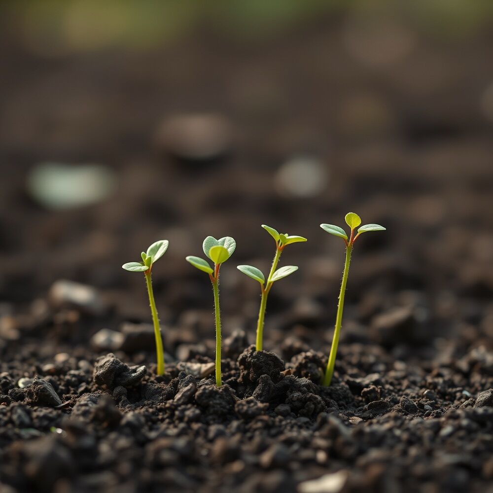 Young saplings pushing through dark soil