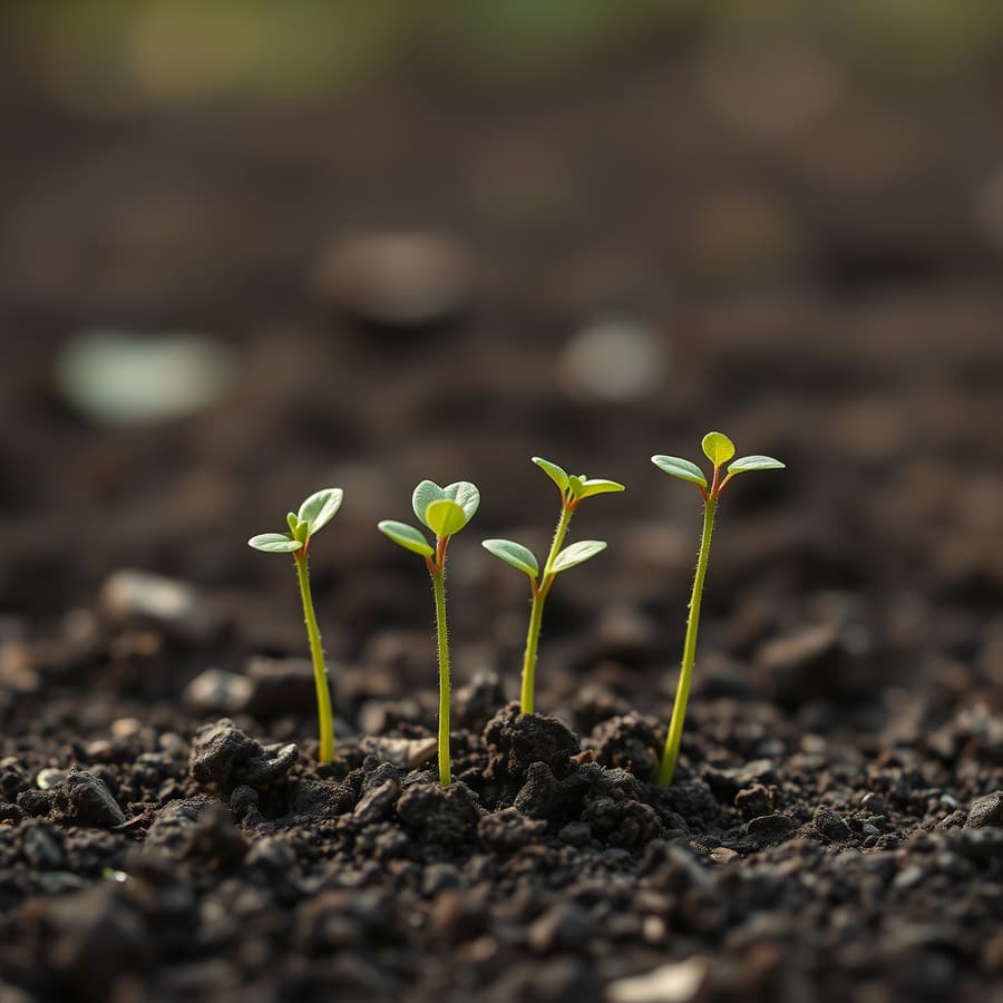Young saplings pushing through dark soil, an early stage of a new patch