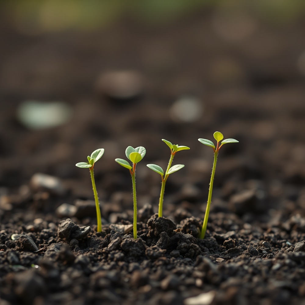 Four young saplings rising from freshly turned earth